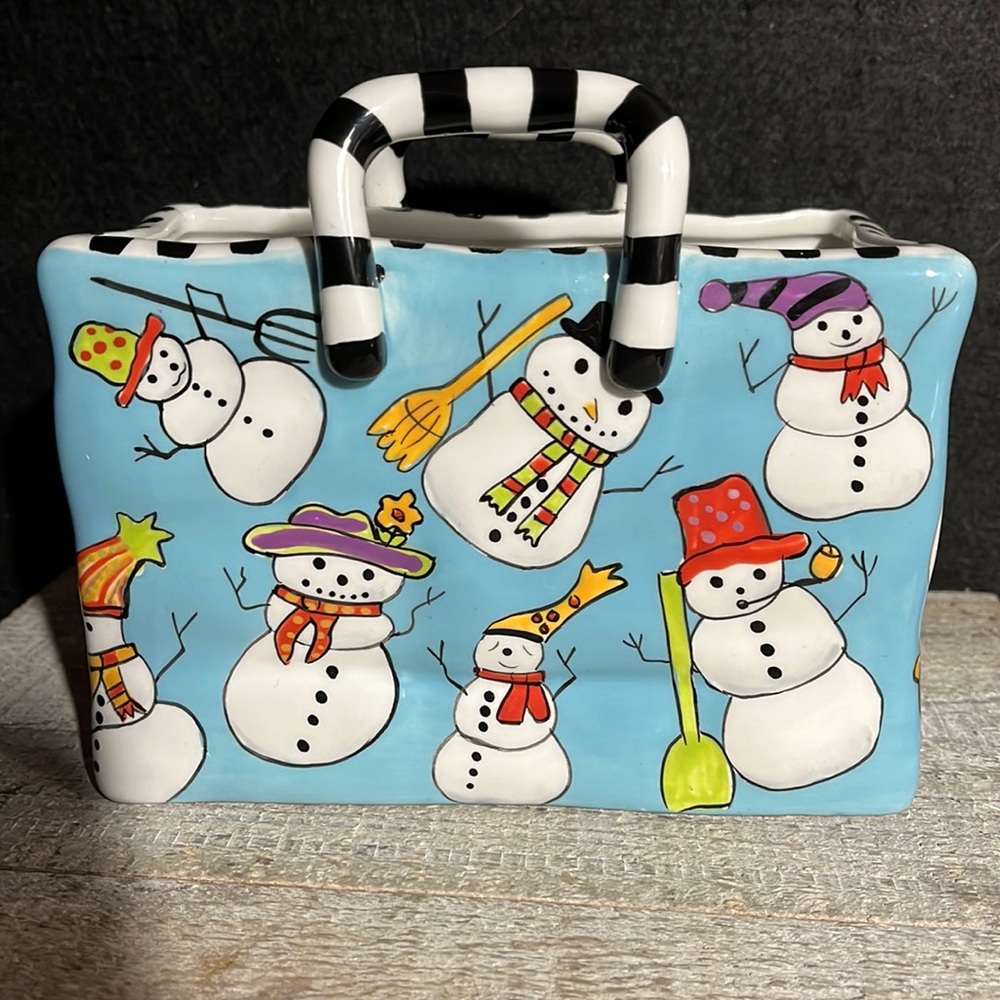 Patricia Dupoint 1999 Ceramic Hand Painted Snowman Bag